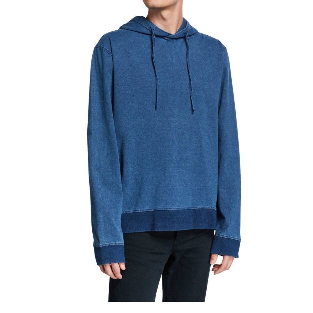 Slate & Stone Jersey Blue Knit Denim Cotton Blend Pull Hooded Sweatshirt P1875